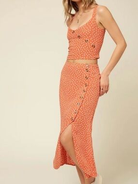 O’Neill Dolina Polka Dot Two Piece Set Orange White Halter Crop Top Maxi Skirt